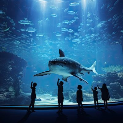 Visitors at aquarium watch silhouettes of fish swimming including Whale Shark