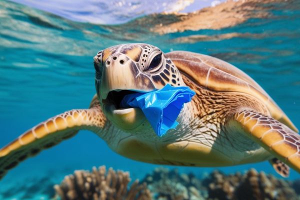 realistic photo of turtle with plastic in its mouth swimming in the ocean
