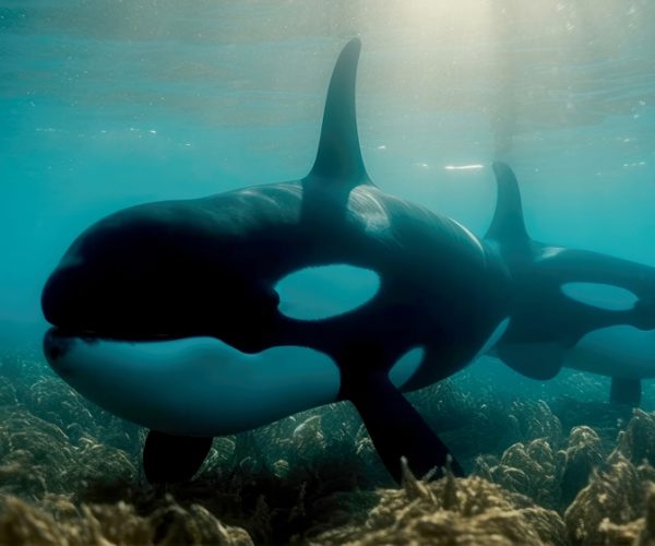 Orcas,Killer,Whales,Underwater,In,Dark,Night,Sea